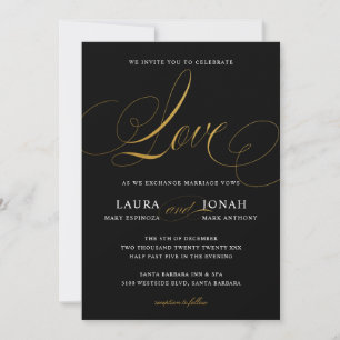 Elegant Modern Love Black Gold Wedding Invitation Kaart