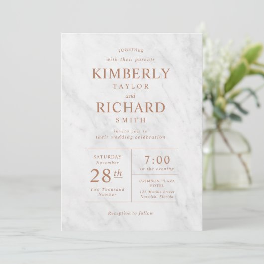 Elegant modern marmer Roos Gold Wedding Uitnodigin Kaart (Staand voorkant)