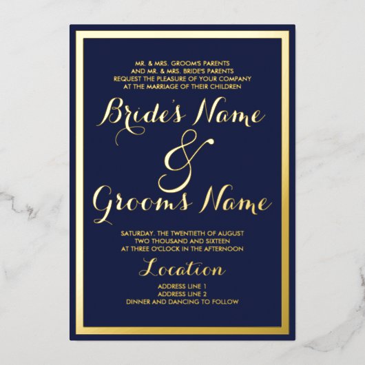 Elegant modern marvy blue Weddenschap echt goud Folie Uitnodiging (Voorkant)