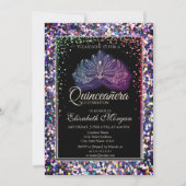 Elegant Modern Masque, Diamonds Sequins Quinceaner Kaart (Voorkant)