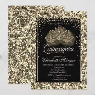 Elegant Modern Masque Gold Sequins Quinceanera Kaart