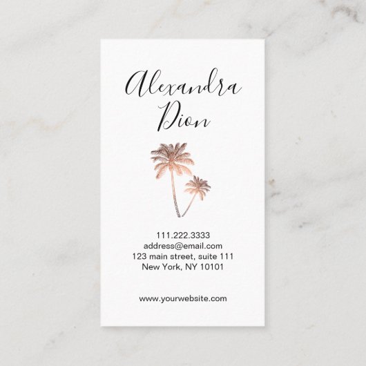 Elegant modern minimaal roos goud en witte palmen visitekaartje (Achterkant)