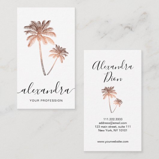 Elegant modern minimaal roos goud en witte palmen visitekaartje (Voorkant / Achterkant)