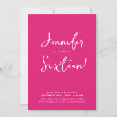 Elegant Modern Minimaal Script Sweet 16 Hot Pink Kaart (Voorkant)