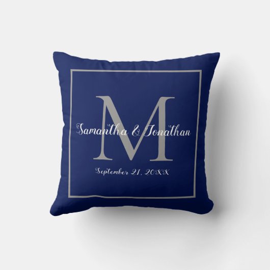 Elegant Modern Monogram Navy Blue Wedding Keepslag Kussen (Achterkant)