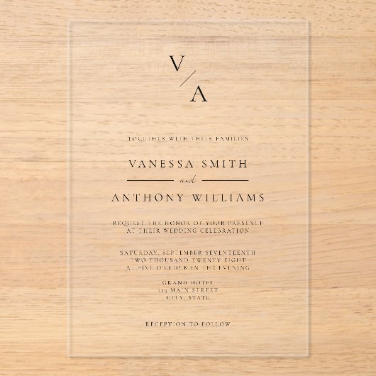 Elegant Modern Monogram Weddenschap Acryl Uitnodigingen (Voorkant)