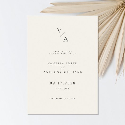 Elegant Modern Monogram Zwart en Ivoor Huwelijk Save The Date