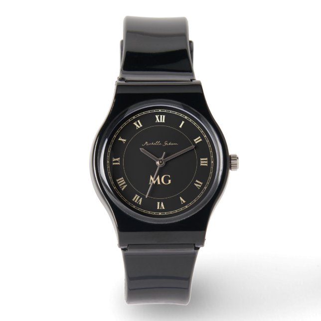 Elegant Modern Monogram Zwart Goud Romeinse cijfer Horloge (Voorkant)