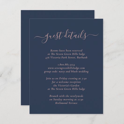 Elegant Modern Navy Blue en Blush Enclosure Card Informatiekaartje (Voorkant / Achterkant)