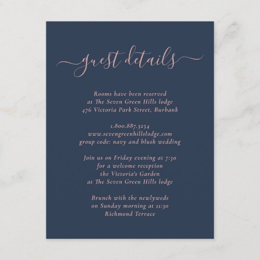Elegant Modern Navy Blue en Blush Enclosure Card Informatiekaartje (Voorkant)