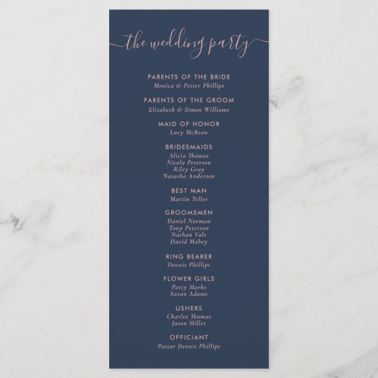 Elegant Modern Navy Blue en Blush Wedding Programma (Achterkant)