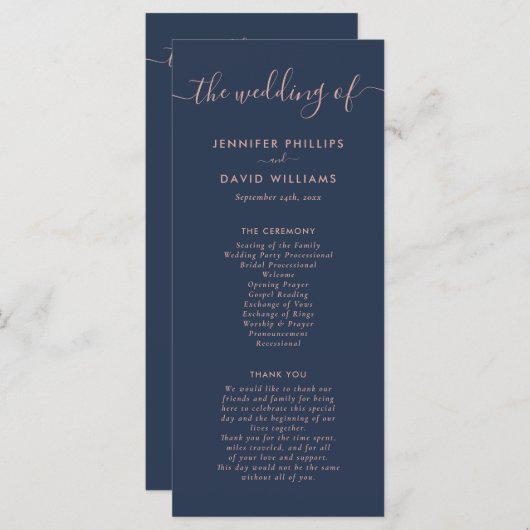 Elegant Modern Navy Blue en Blush Wedding Programma (Voorkant / Achterkant)
