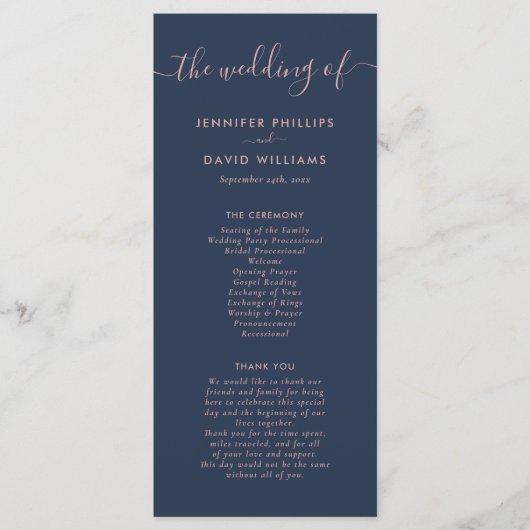 Elegant Modern Navy Blue en Blush Wedding Programma (Voorkant)