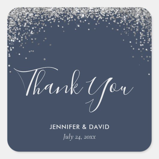 Elegant Modern Navy Blue Silver Glitter Confetti Vierkante Sticker (Voorkant)