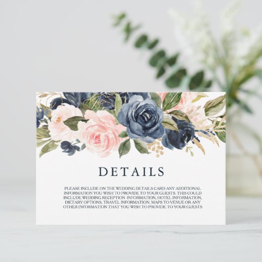 Elegant Modern Navy & Blush Mariage Détails Carte (Debout devant)