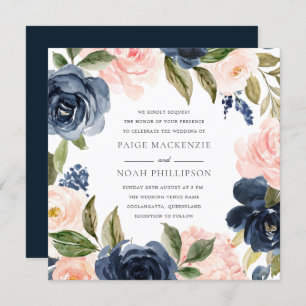 Elegant Modern Navy Blush Waterverf Wedding Kaart