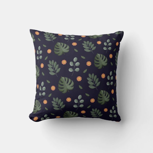 Elegant Modern Navy Botanical Leaf Floral Kussen (Voorkant)