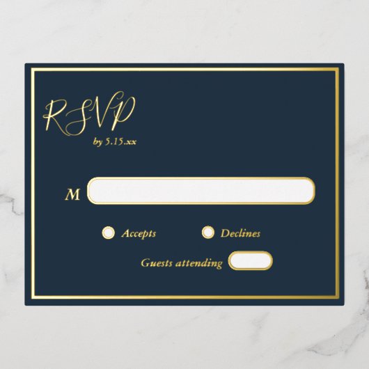 Elegant modern Navy Gold Foil RSVP Briefkaart (Voorkant)