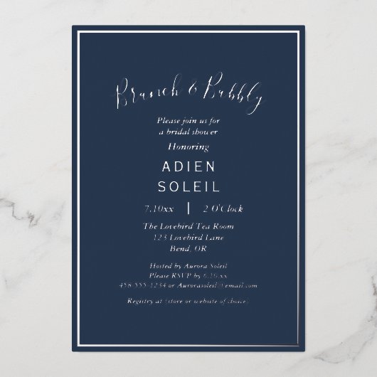 Elegant Modern Navy Silver Brunch en Bubble Folie Uitnodiging (Voorkant)