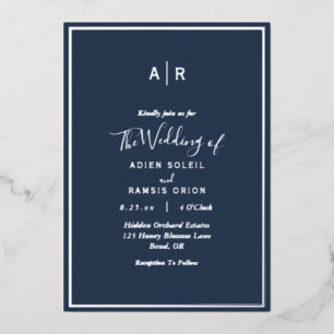 Elegant Modern Navy Silver Monogram Weddenschap Folie Uitnodiging