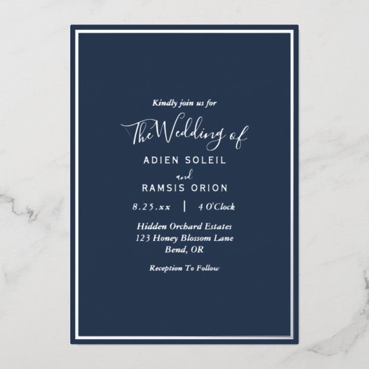 Elegant Modern Navy Silver Wedding Folie Uitnodiging (Voorkant)
