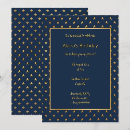 ELEGANT MODERN NAVY STAR GOLD INVITATION KAART (Voorkant / Achterkant)