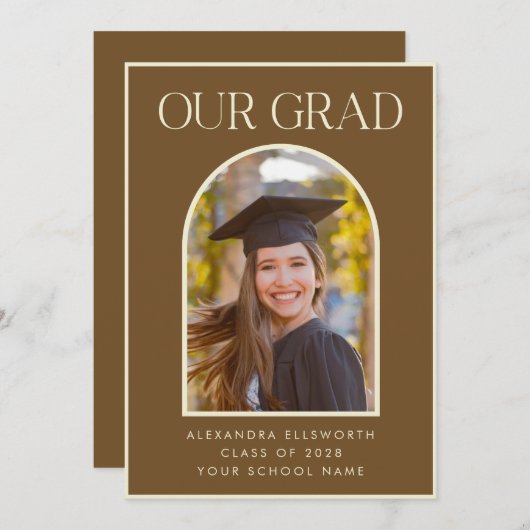 Elegant Modern Photo Brown Arch Afstuderen Announc Aankondiging (Voorkant / Achterkant)