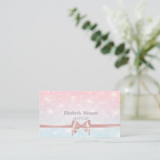 Elegant Modern Pink Ribbon Bow, Glitter Bokeh Visitekaartje (Staand voorkant)