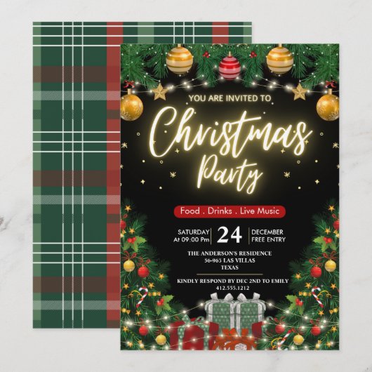 Elegant Modern Plaid Green Christmas Party  Kaart (Voorkant / Achterkant)