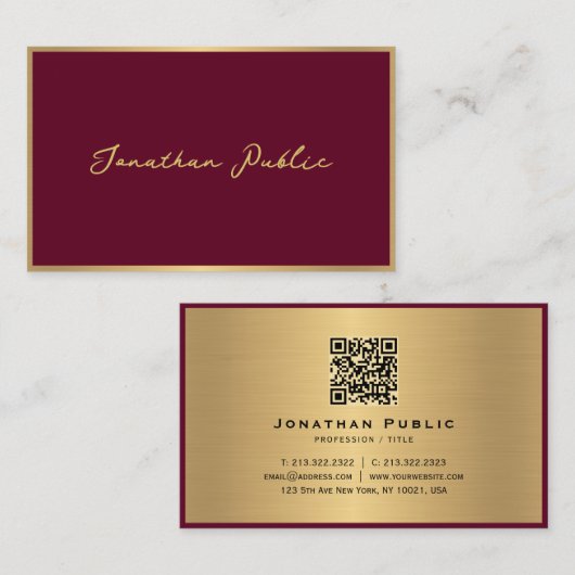 Elegant modern professioneel script Bordeaux Gold Visitekaartje (Voorkant / Achterkant)