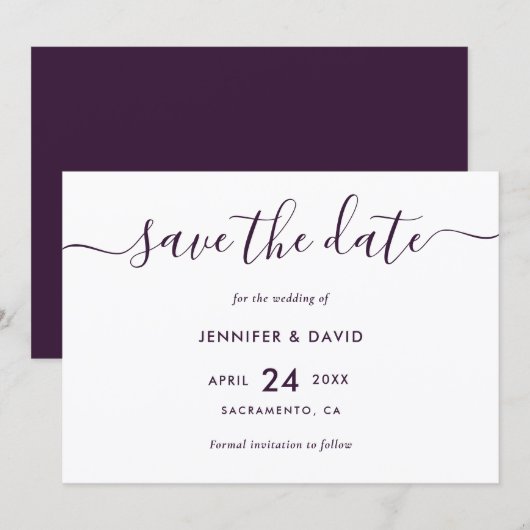 Elegant Modern Purple Wedding Save The Date (Voorkant / Achterkant)