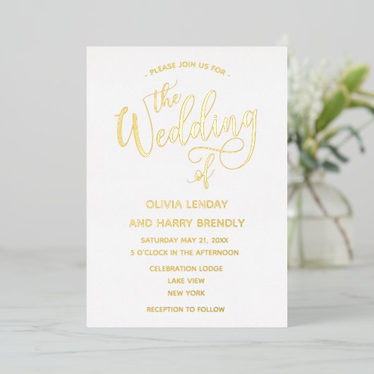 Elegant modern Real Gold Script Weddenschap Folie Uitnodiging (Staand Voorkant)