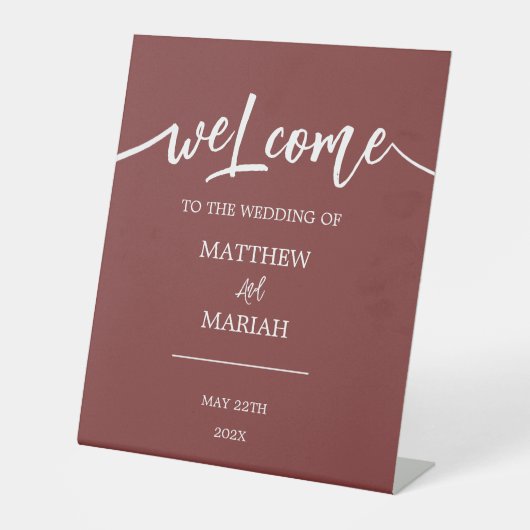 Elegant Modern Red Calligraphy Weddenschap Welkom Reclamebord Met Voetstuk (Voorkant)