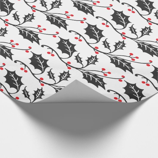 Elegant modern rood en zwart Holly Pattern Cadeaupapier (Hoek)