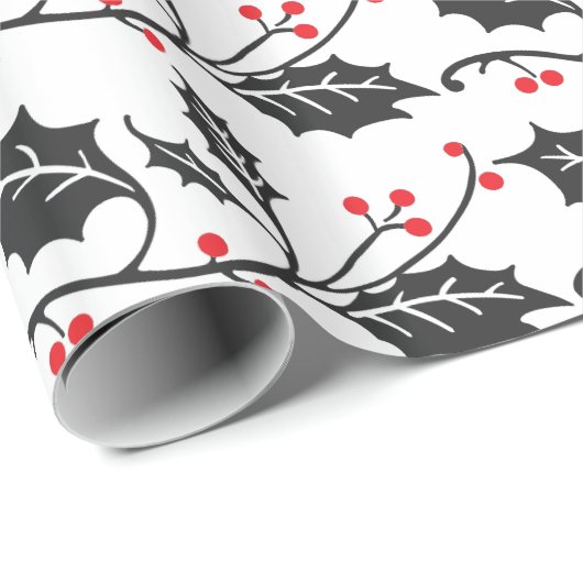 Elegant modern rood en zwart Holly Pattern Cadeaupapier (Rol Hoek)