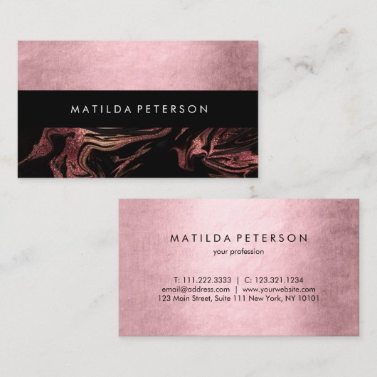 Elegant modern roos goud zwarte marmer visitekaartje (Voorkant / Achterkant)