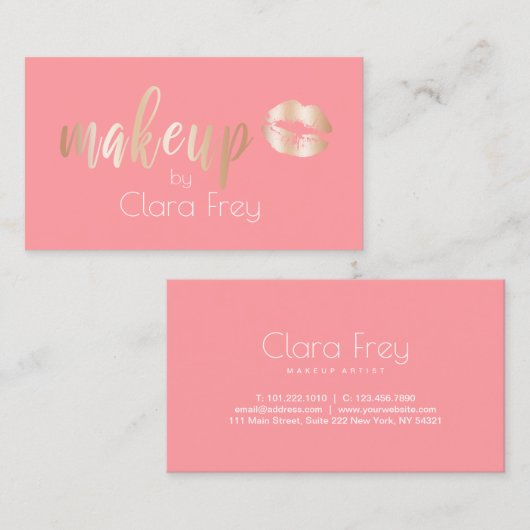 Elegant modern roos gouden lippen en make-up visitekaartje (Voorkant / Achterkant)