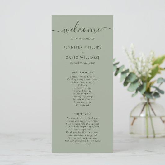 Elegant Modern Sage Green Wedding Programma (Staand voorkant)