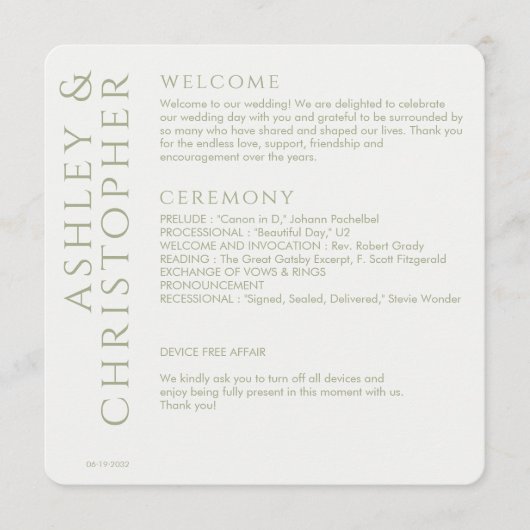 Elegant Modern Sage Green Wedding Programma (Voorkant)