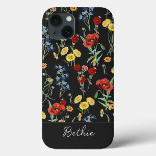 Elegant Modern Schattige Wildflower Naam Zwart iPhone 13 Hoesje