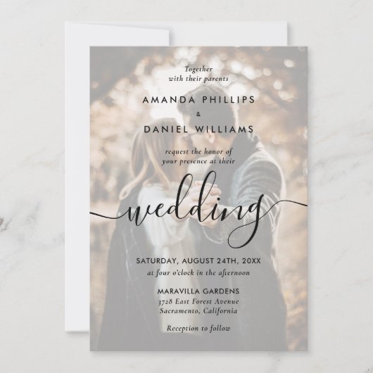 Elegant modern script 2 Photo Black Wedding Kaart (Voorkant)