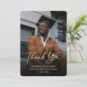 Elegant modern Script Black Gold Photo Afstuderen Bedankkaart (Staand voorkant)