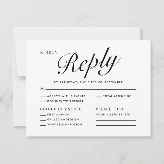 Elegant Modern Script Black White Menu Choice RSVP (Voorkant)