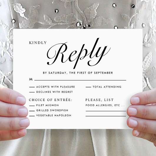 Elegant Modern Script Black White Menu Choice RSVP