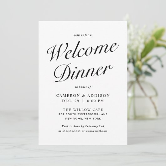 Elegant Modern Script Black + White Welcome Dinner Feestdagenkaart (Staand voorkant)