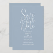 Elegant Modern Script Dusty Blue Wedding Save The Date (Voorkant / Achterkant)