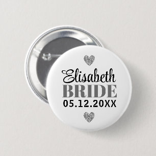 Elegant Modern Script Glitter Harten Bruidsgrijs Ronde Button 5,7 Cm