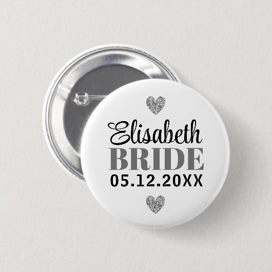 Elegant Modern Script Glitter Harten Bruidsgrijs Ronde Button 5,7 Cm (Voorkant /achterkant)