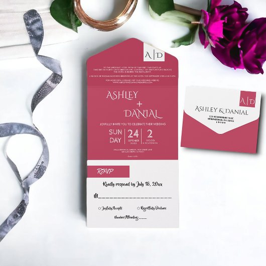 Elegant modern script Magenta Monogram Weddenschap All In One Uitnodiging