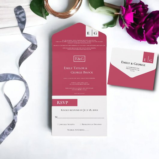 Elegant modern script Magenta Monogram Weddenschap All In One Uitnodiging